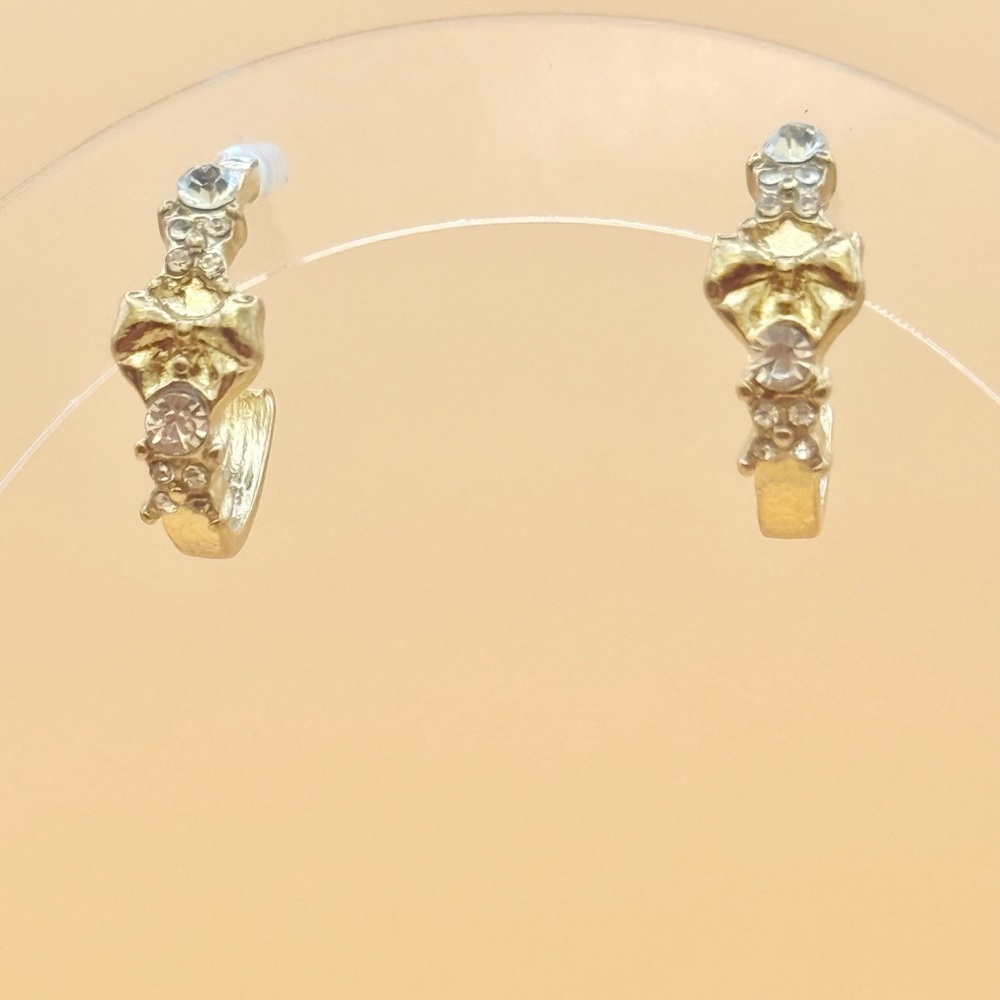 Gold Rhinestone Bow Huggie Hoop Earrings Dainty Sparkly Minimalist Jewelry